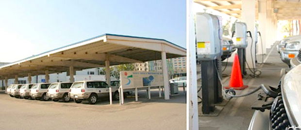 استخدام مواقف السيارات لانتاج الطاقة المتجددة من خلال الالواح الشمسية والصور التي في الاعلى توضح استخدامها لشحن السيارات العاملة باستخدام الطاقة الكهربائية، طرق صديقة للبيئة ومفيدة.