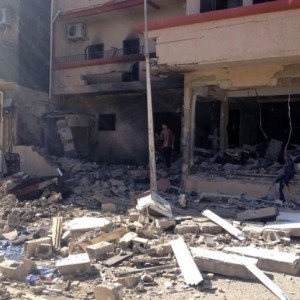 A view of the damaged home of a member of Ansar al-Sharia, after it was destroyed by armed groups loyal to former general Khalifa Haftar, in Benghazi