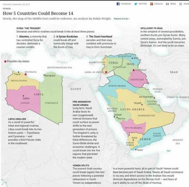 مرفق تصور لخريطة لليبيا والمنطقة، تنبأ بها محرر في صحيفة النيويورك تاميز يوم (28/09/2013)، بتقسيم ليبيا إلي ثلاث دويلات فقط........ وأراه متفائل جداً في ذلك.