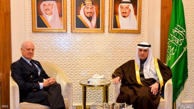 وزير الخارجية السعودي عادل الجبير والمبعوث الدولي إلى سوريا ستيفان دي ميستورا