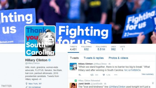 الحساب الرسمي لهيلاري يحتفل بالفوز في ساوث كارولينا