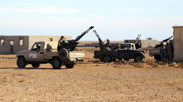 Libyan Army Forces belonging to Libya's rival government, that are part of the Alshorooq (Libya Dawn) operation to free oil ports, are seen on the outskirts of Al Sidra oil port