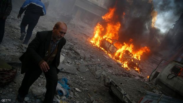 آثار غارة على الغوطة الشرقية في ريف دمشق
